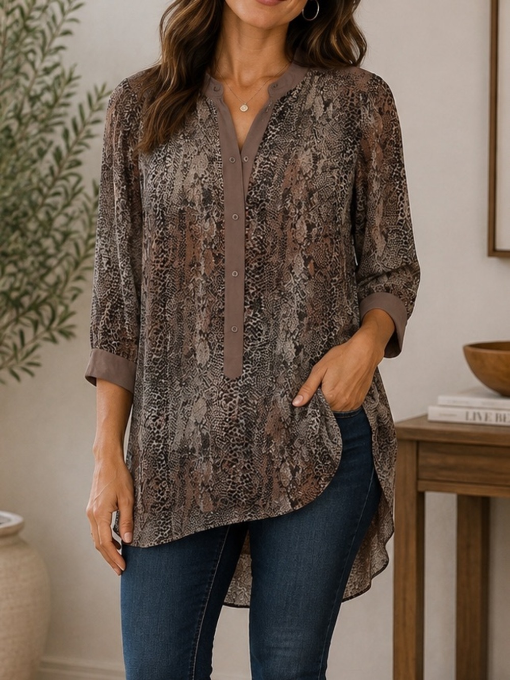 Wilfred Aritzia Silk High Low Reptile Print Top‎